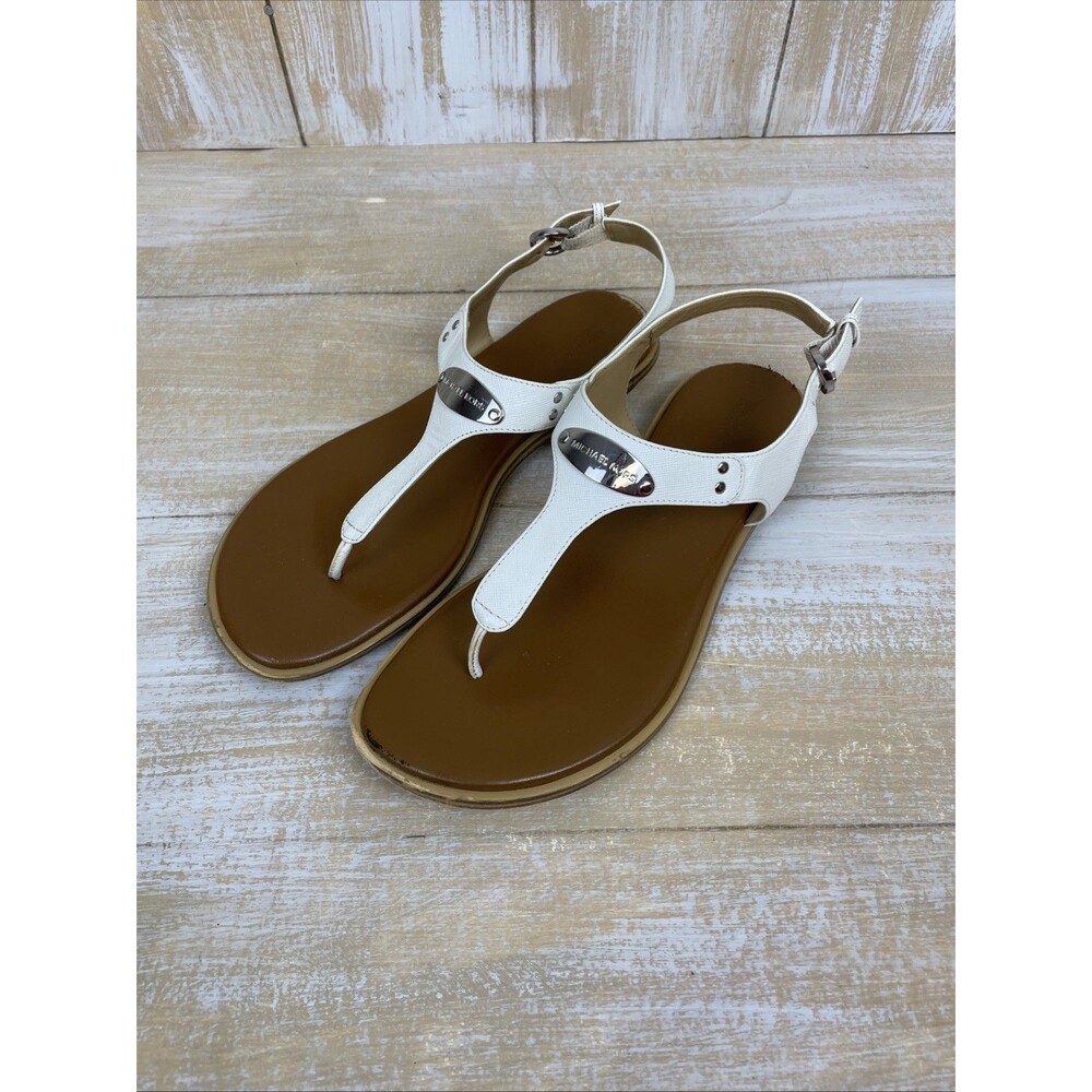 Michael Kors White and Brown T-Strap Leather Sandals